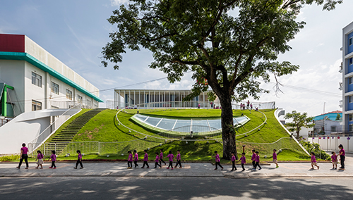 A Modern Kindergarten on A Sloping Hill with A Large Multi-Purpose Hall